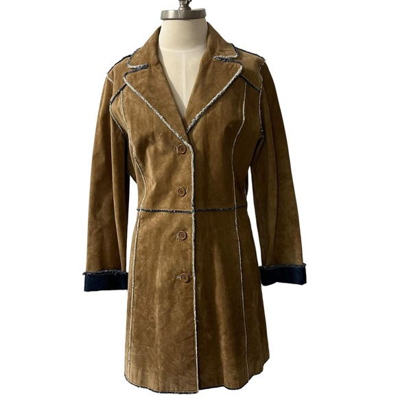 Scully Suede Leather Denim Lined Coat Tan Western Raw Edge Seam Jacket Womens - Picture 2 of 10